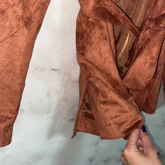 Love Token Faux Suede Leather Open Front Belted Jacket - Picture 6 of 12